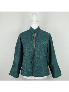 Anu Women's Large Blue Green Raw Silk Lined Embroidered Open Front Jacket
